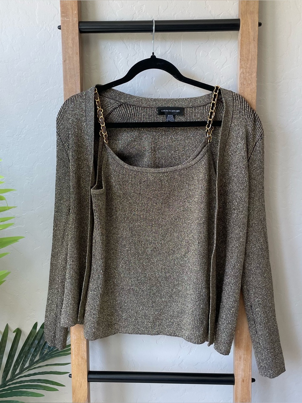 Cable & Gauge Metallic Bronze Knit Tank and Sweater Set | Gold Chain Straps